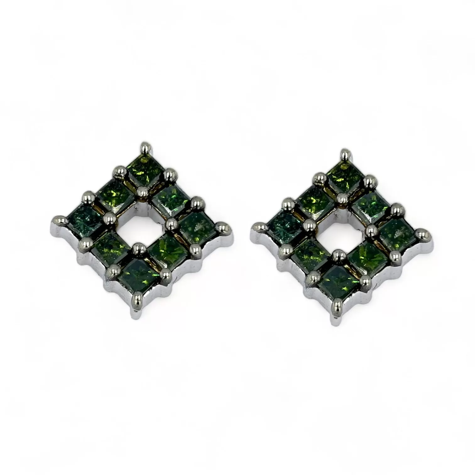 10K White gold square 0.70CT  green diamonds studs earrings-10292