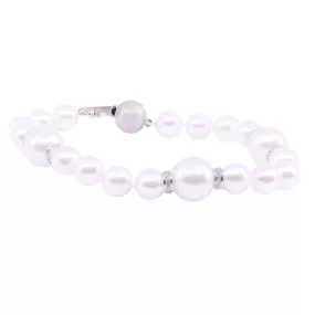 18K WHITE GOLD 8-INCH CULTURED PEARL BRACELET WITH DIAMOND RONDELLE SPACERS AND SATIN BALL CLASP