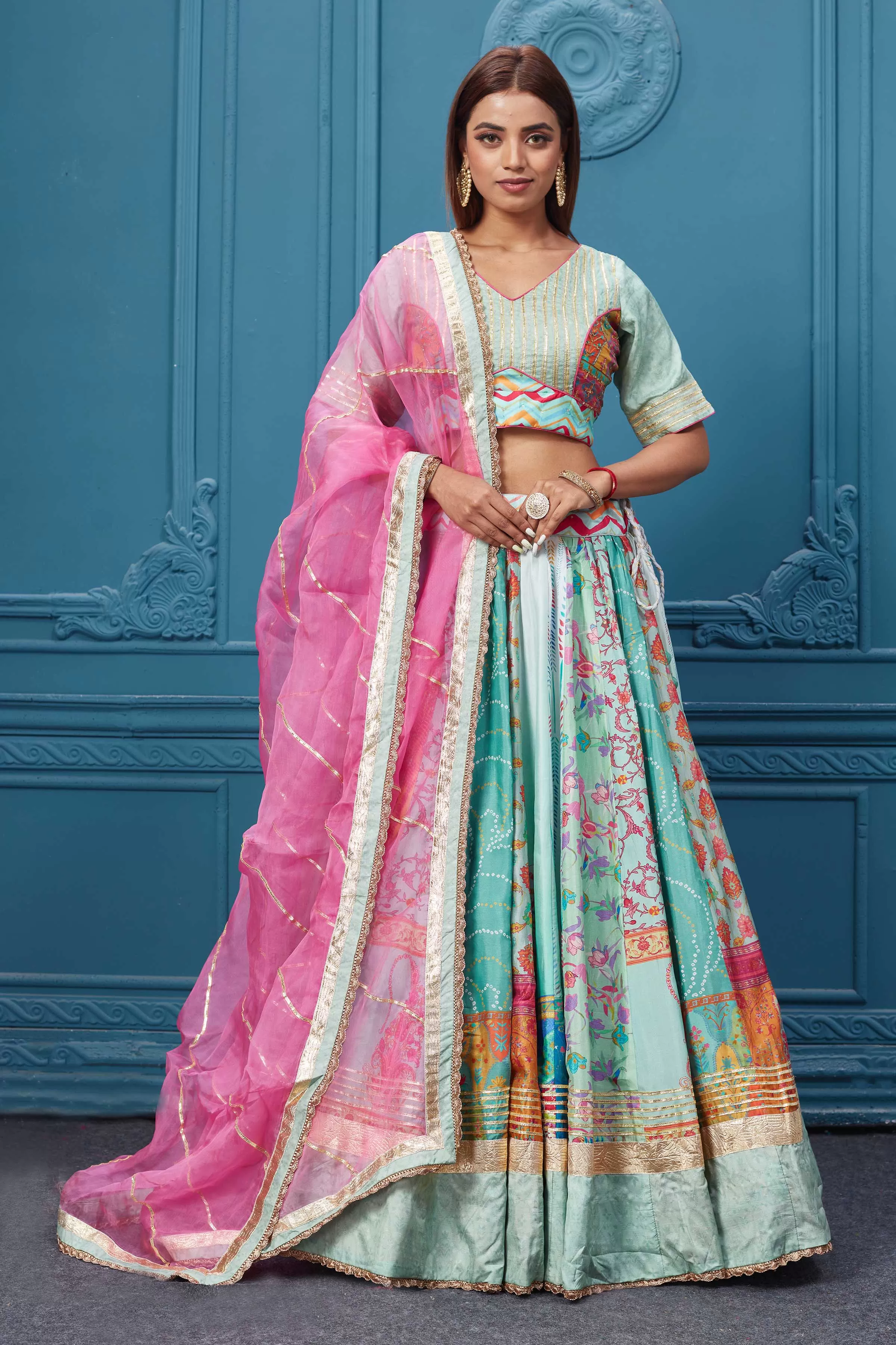 310036 Pastel Blue Embroidered Lehenga With Net Dupatta