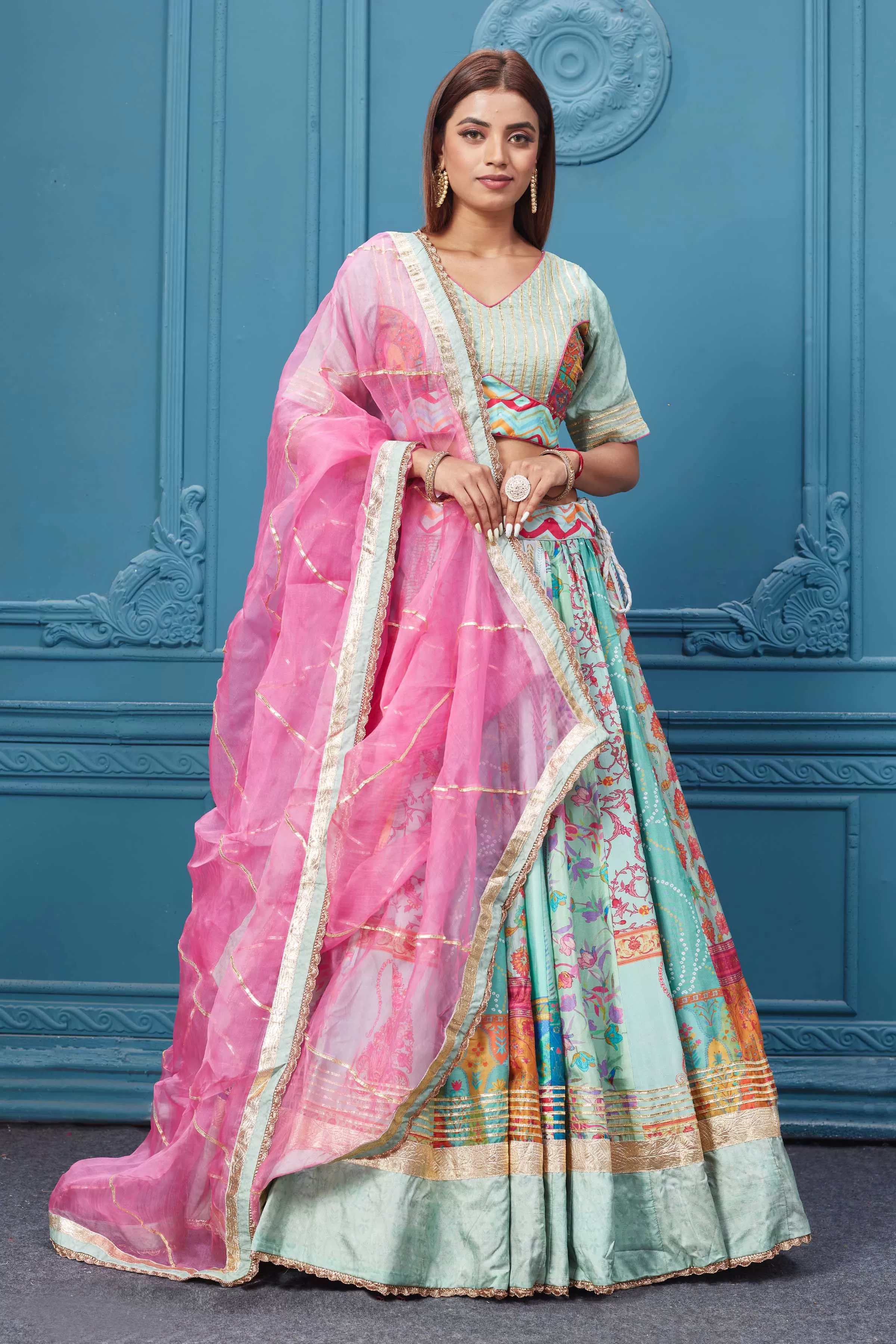 310036 Pastel Blue Embroidered Lehenga With Net Dupatta