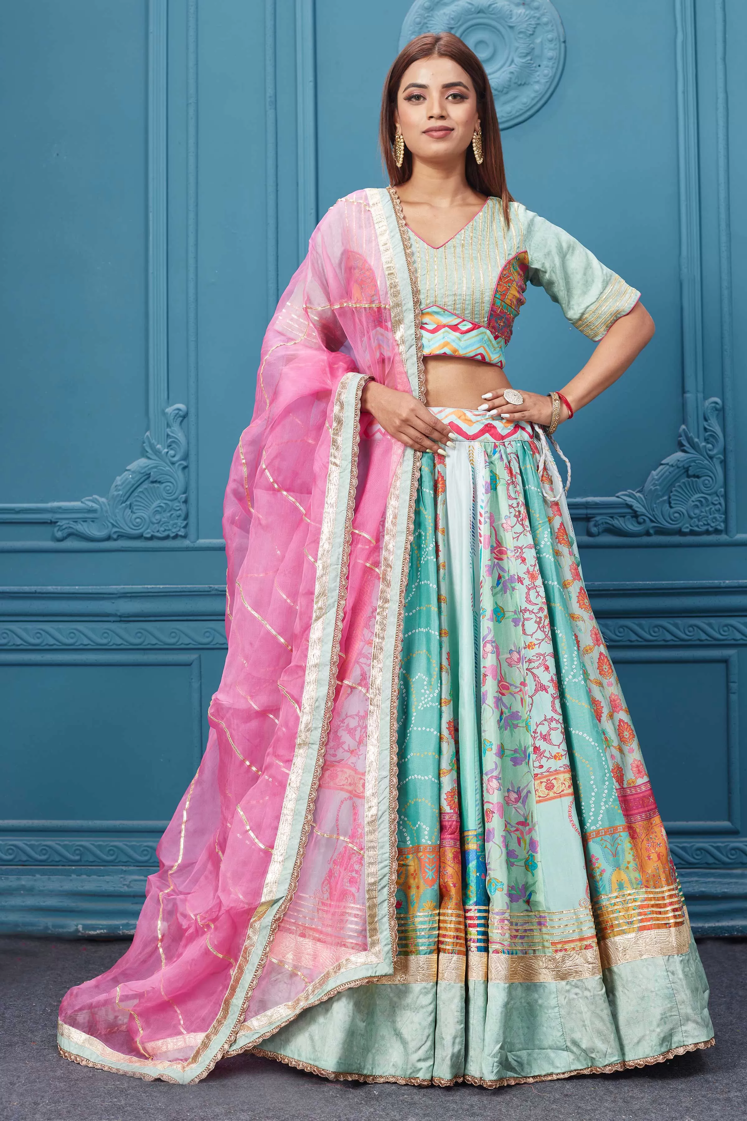 310036 Pastel Blue Embroidered Lehenga With Net Dupatta