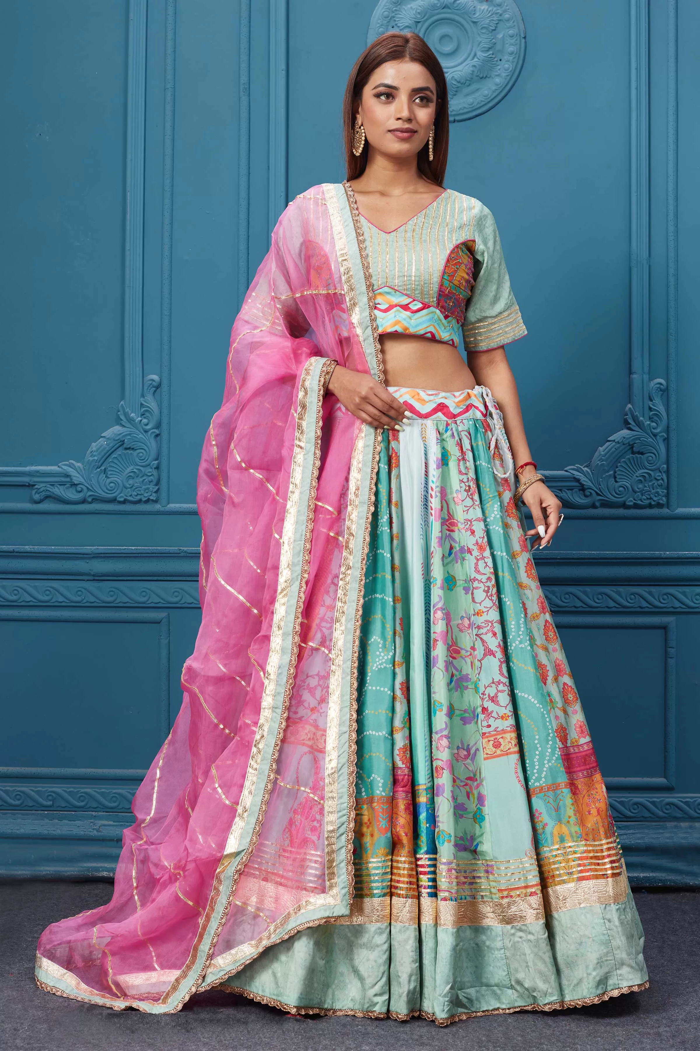 310036 Pastel Blue Embroidered Lehenga With Net Dupatta