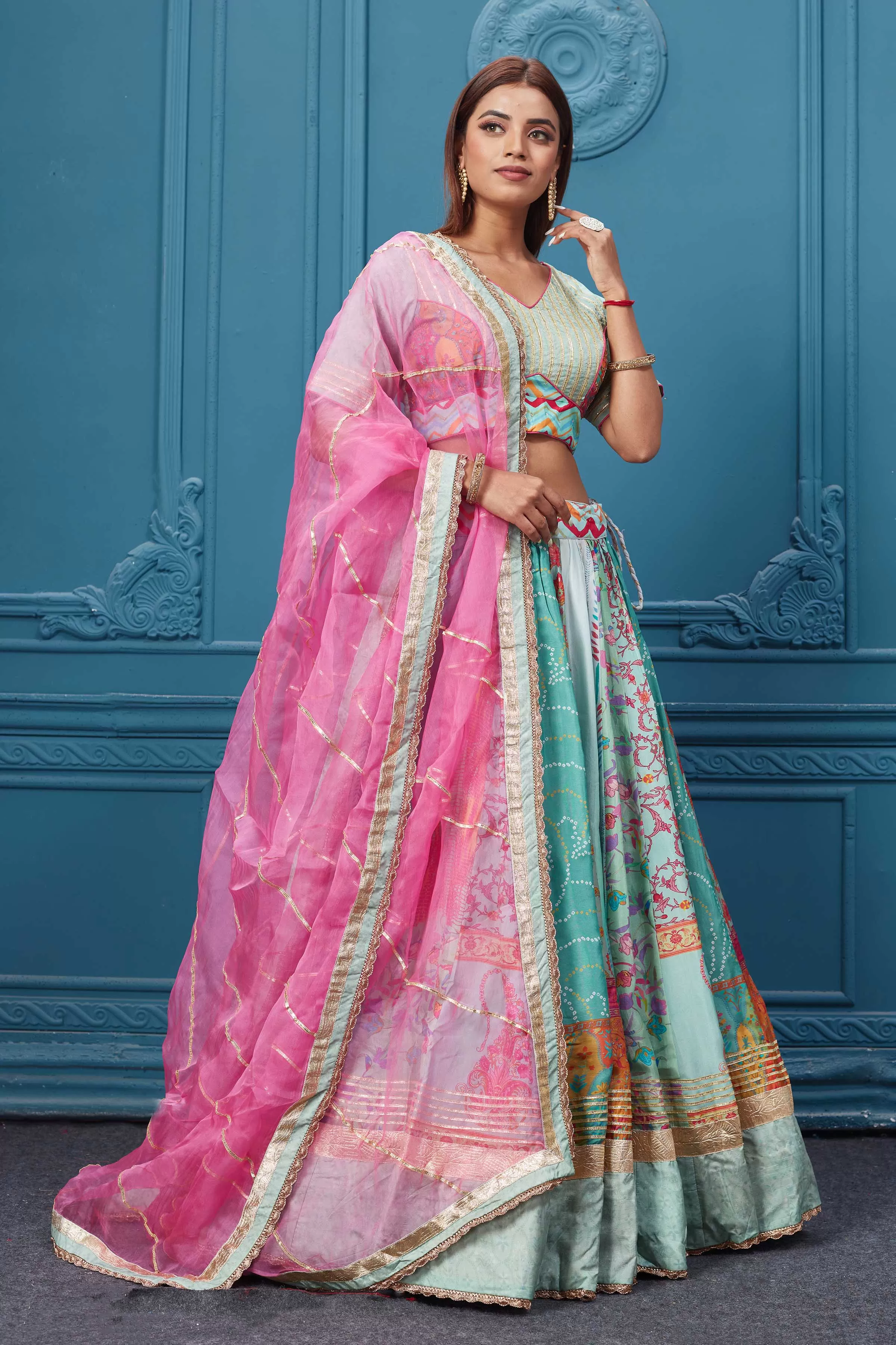 310036 Pastel Blue Embroidered Lehenga With Net Dupatta