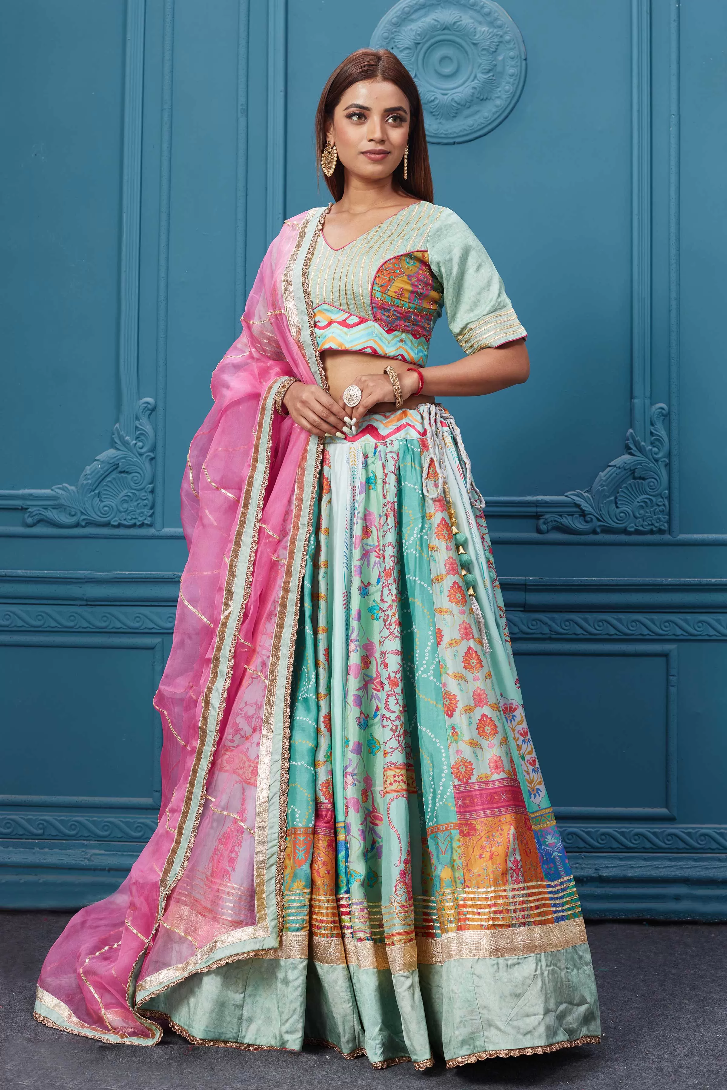 310036 Pastel Blue Embroidered Lehenga With Net Dupatta