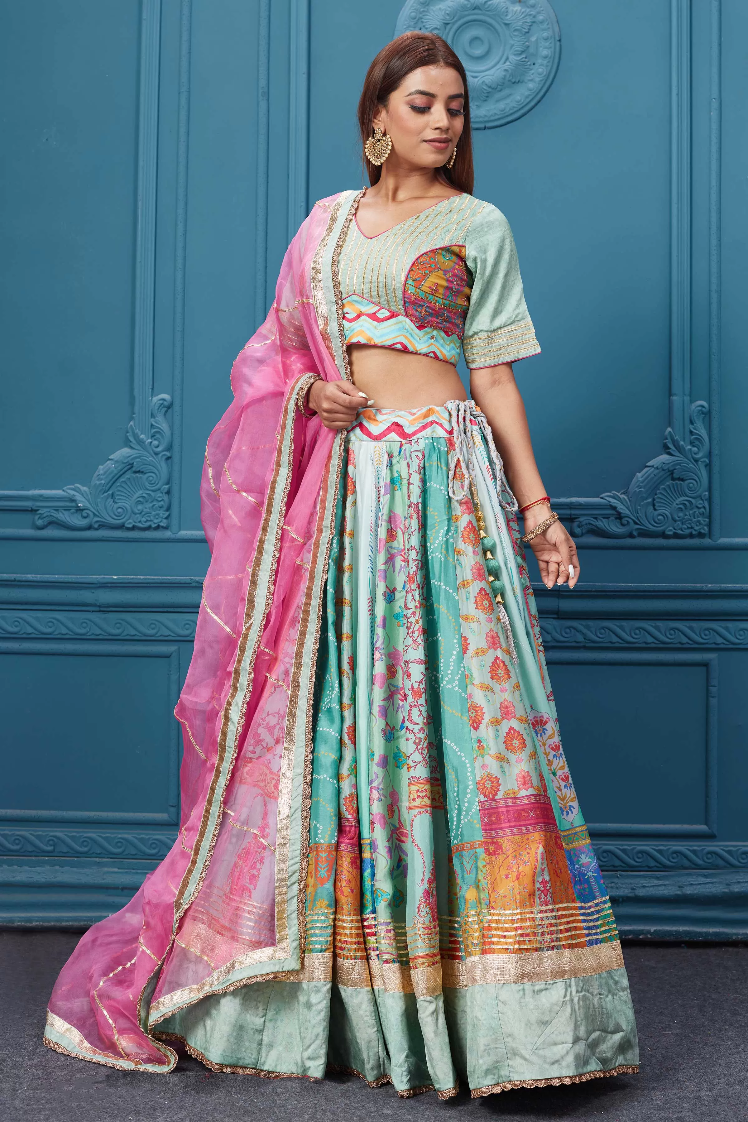 310036 Pastel Blue Embroidered Lehenga With Net Dupatta