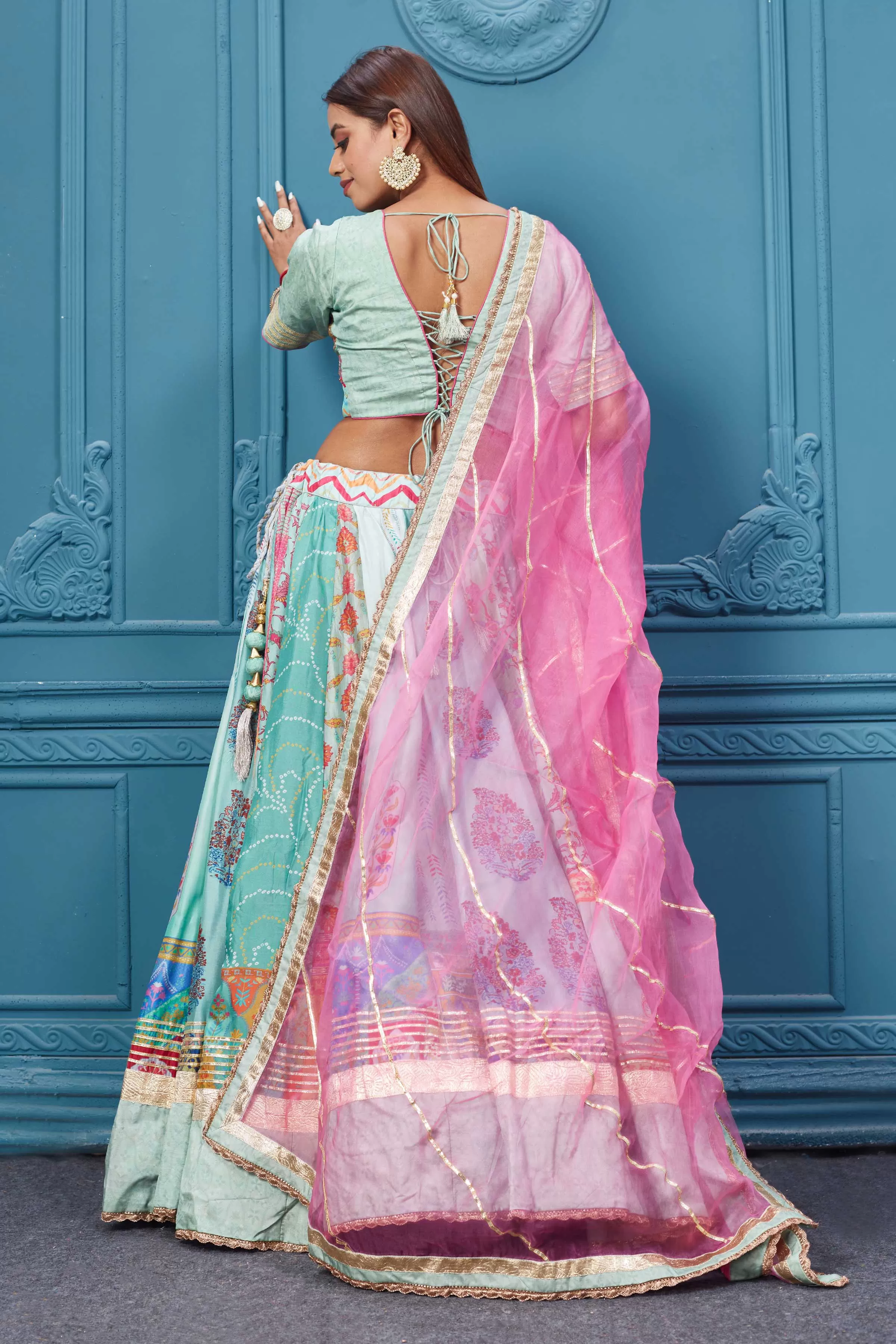 310036 Pastel Blue Embroidered Lehenga With Net Dupatta