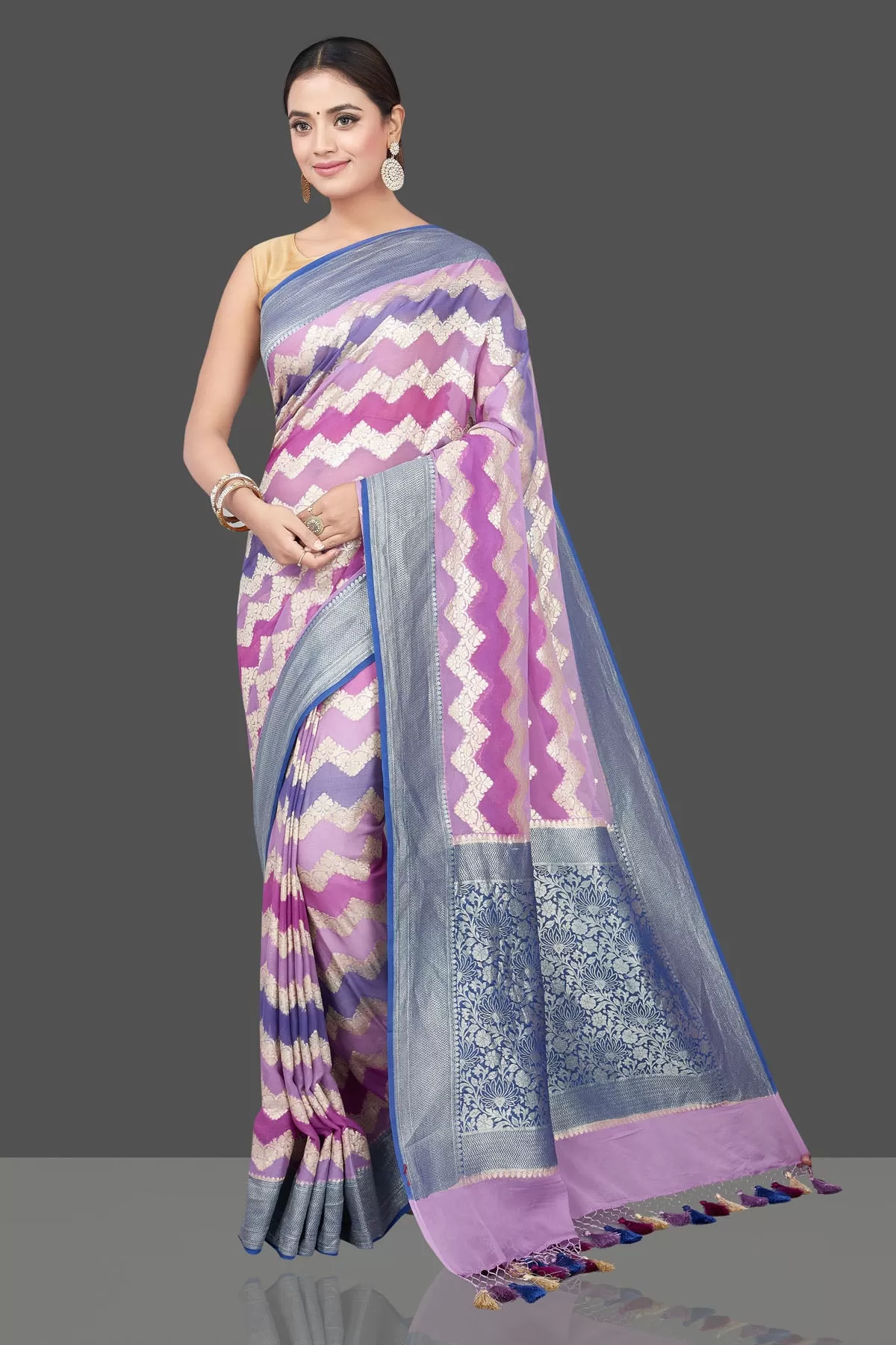 90L175-RO Shaded Lavender Saree with Chevron Zari Pattern