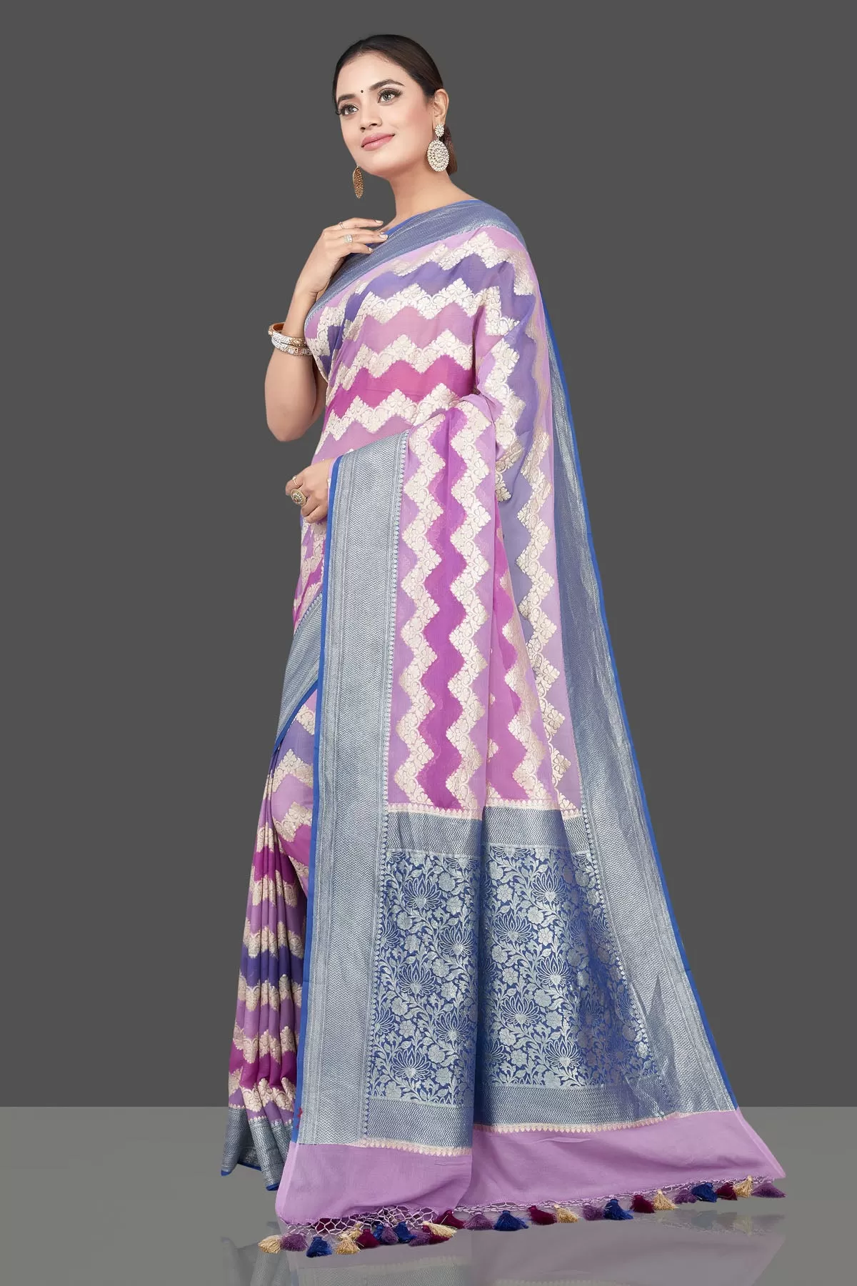 90L175-RO Shaded Lavender Saree with Chevron Zari Pattern