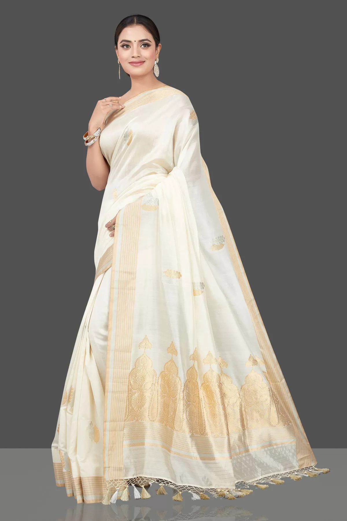 90L177-RO Cream Chenya Silk Saree with Zari Border