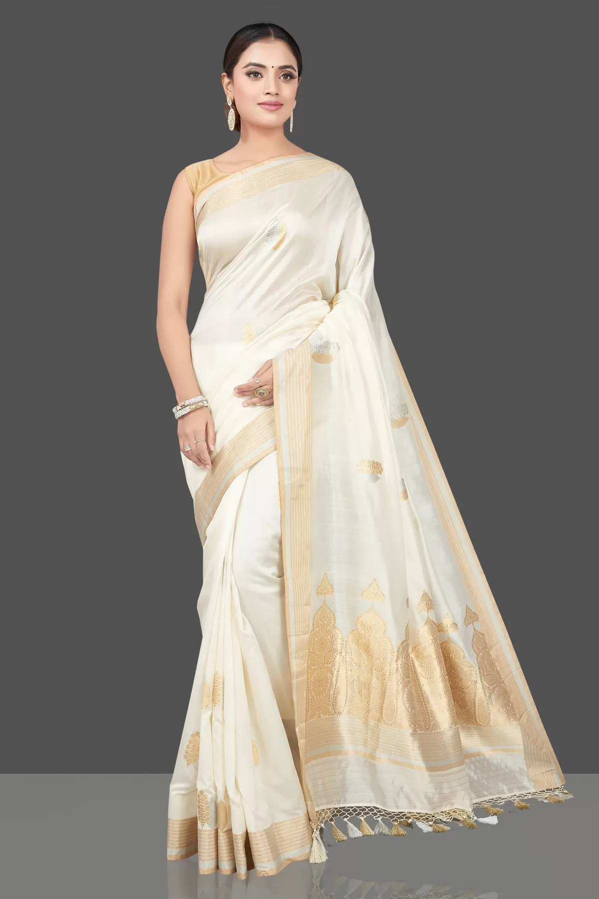 90L177-RO Cream Chenya Silk Saree with Zari Border