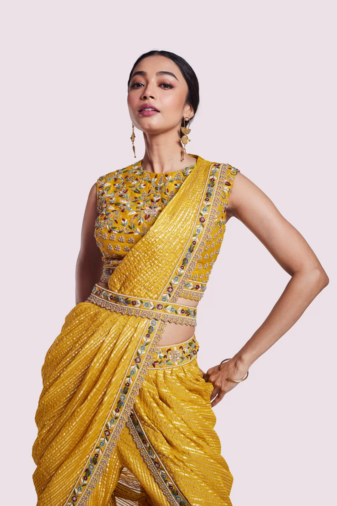 90Y050-RO Mustard Georgette Draped Sharara Saree with Blouse