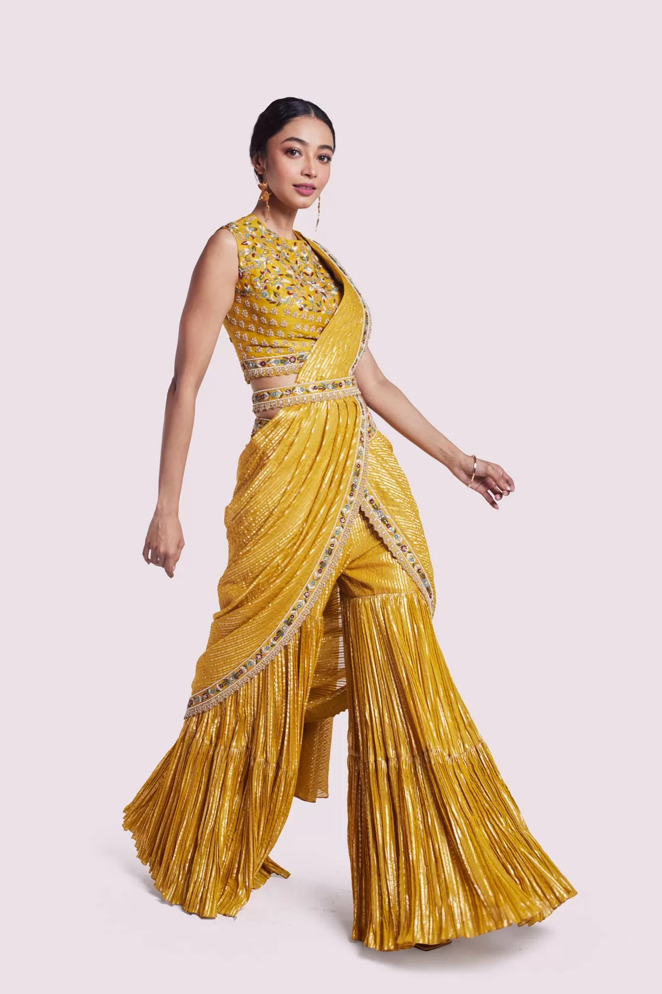 90Y050-RO Mustard Georgette Draped Sharara Saree with Blouse