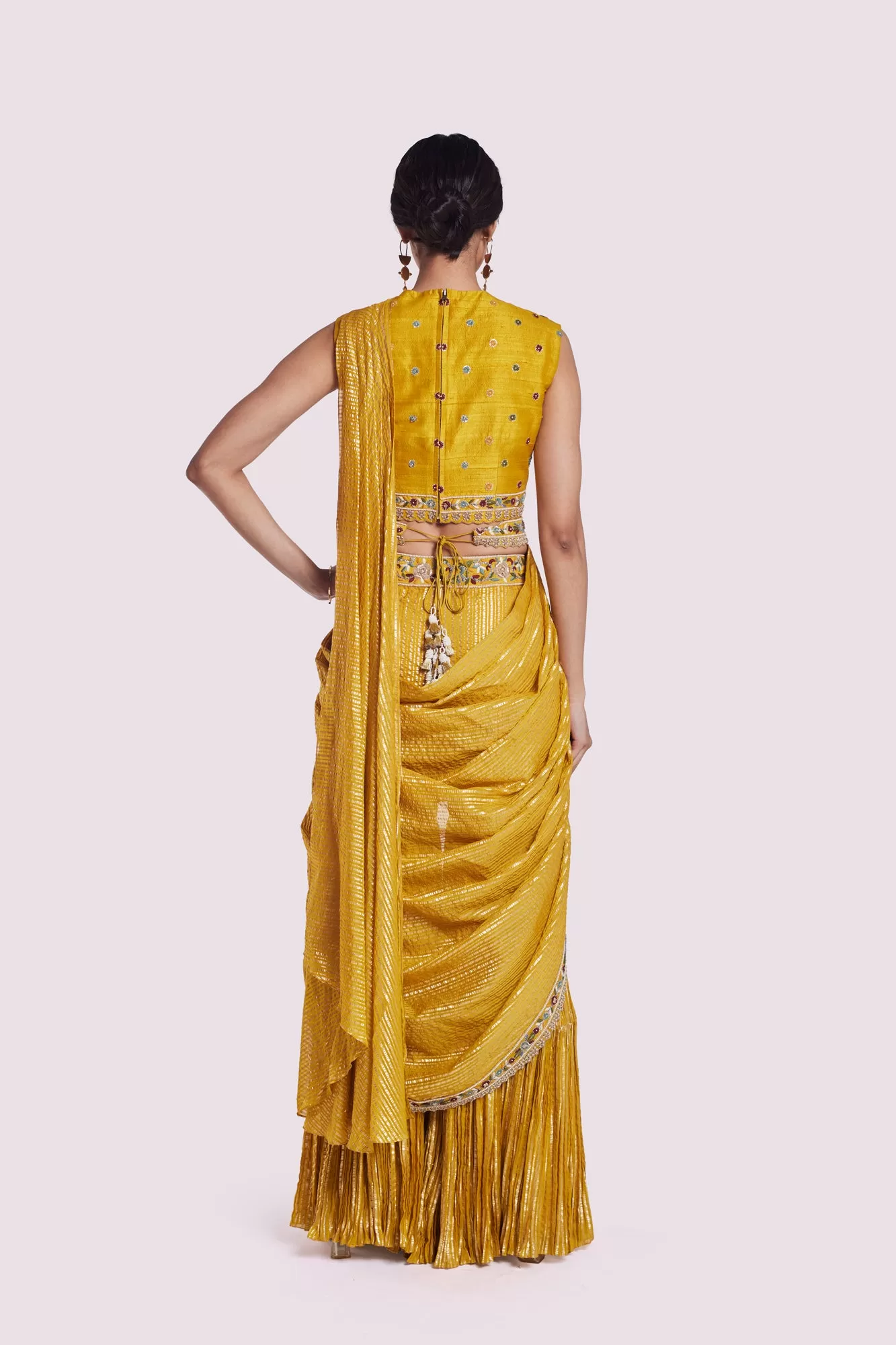 90Y050-RO Mustard Georgette Draped Sharara Saree with Blouse