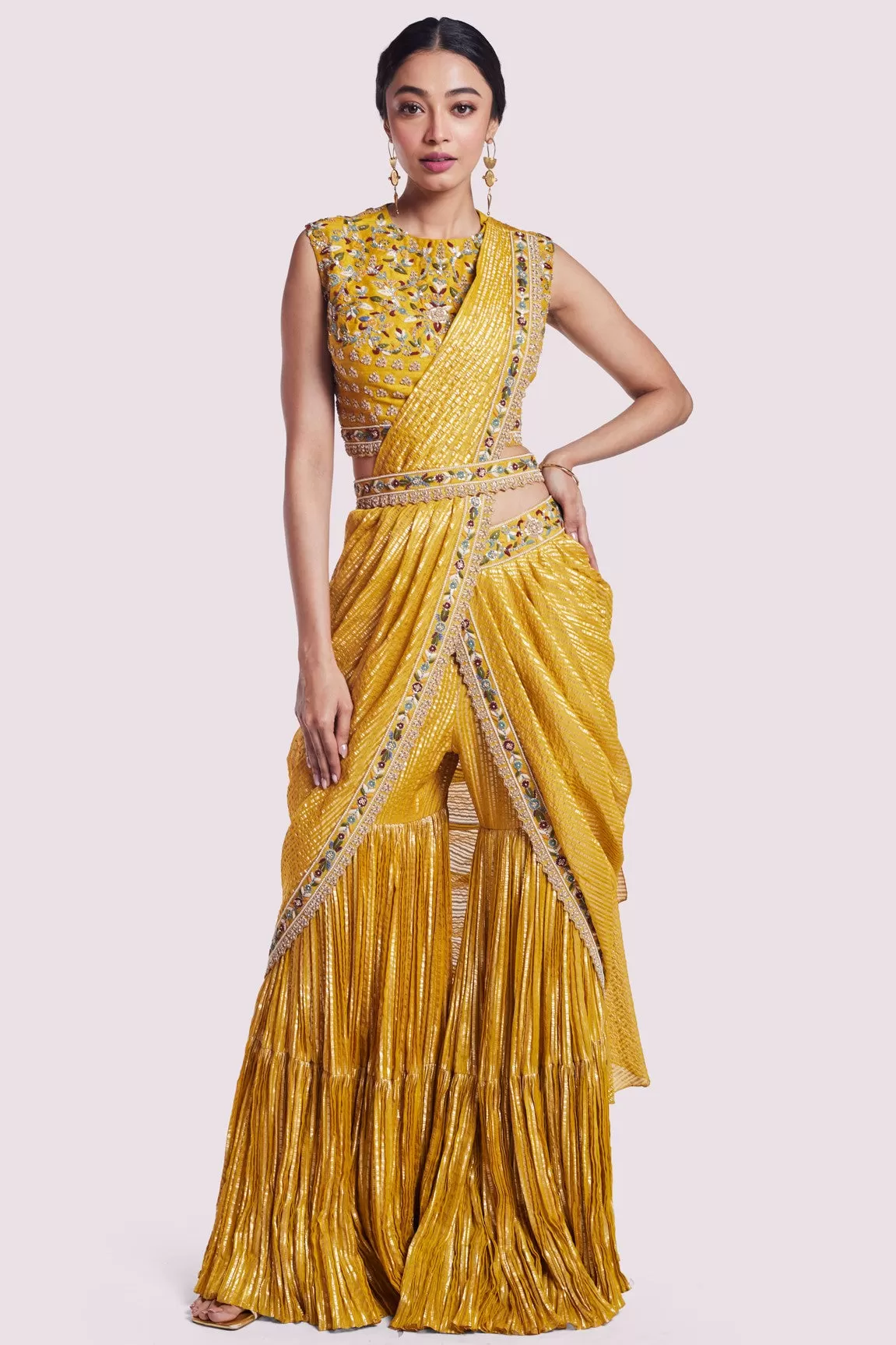 90Y050-RO Mustard Georgette Draped Sharara Saree with Blouse