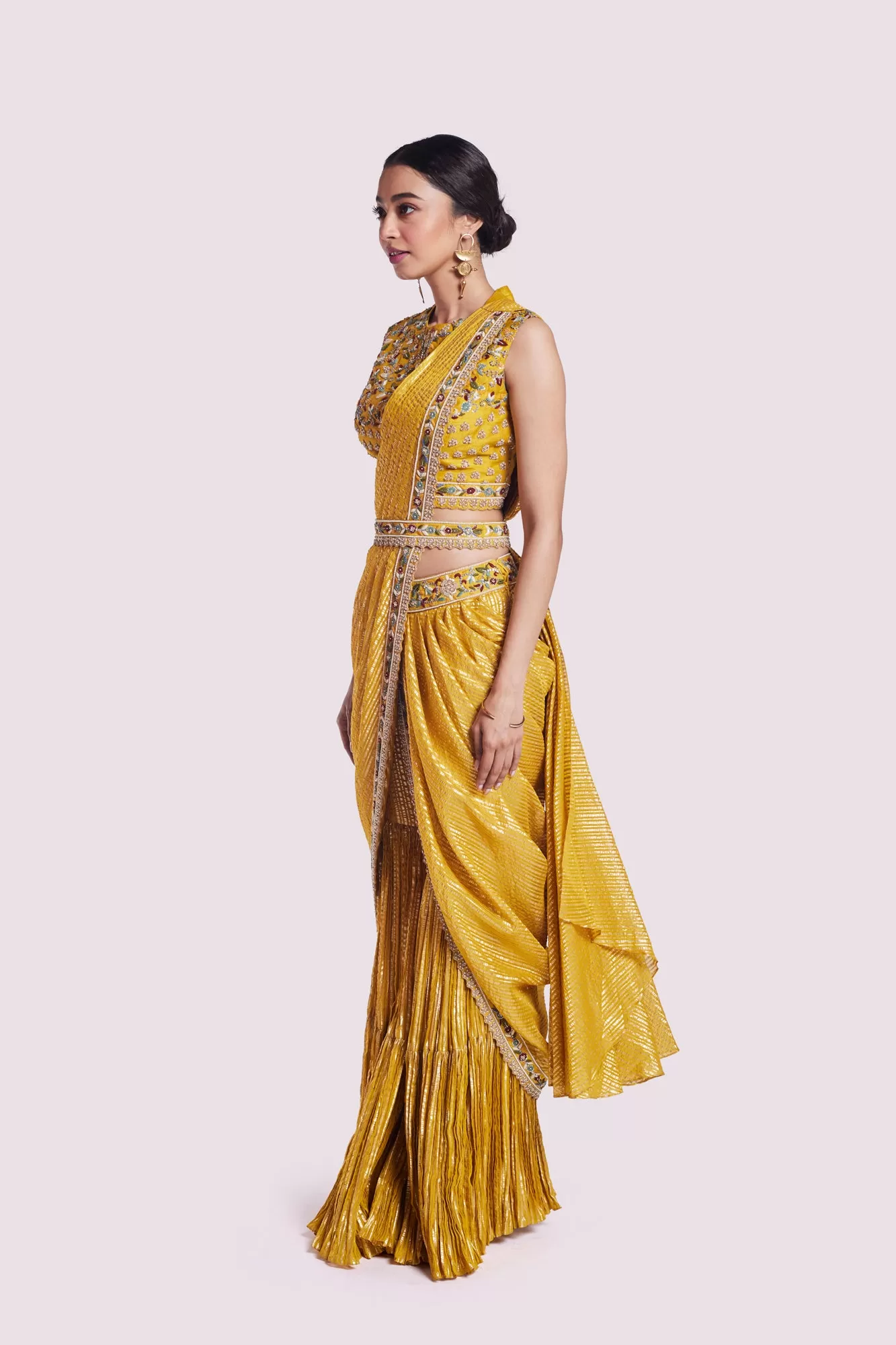 90Y050-RO Mustard Georgette Draped Sharara Saree with Blouse