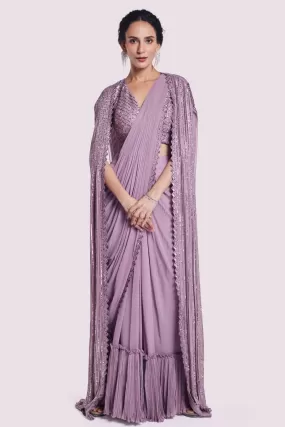 90Y051-RO Mauve Georgette Draped Saree with Longline Cape