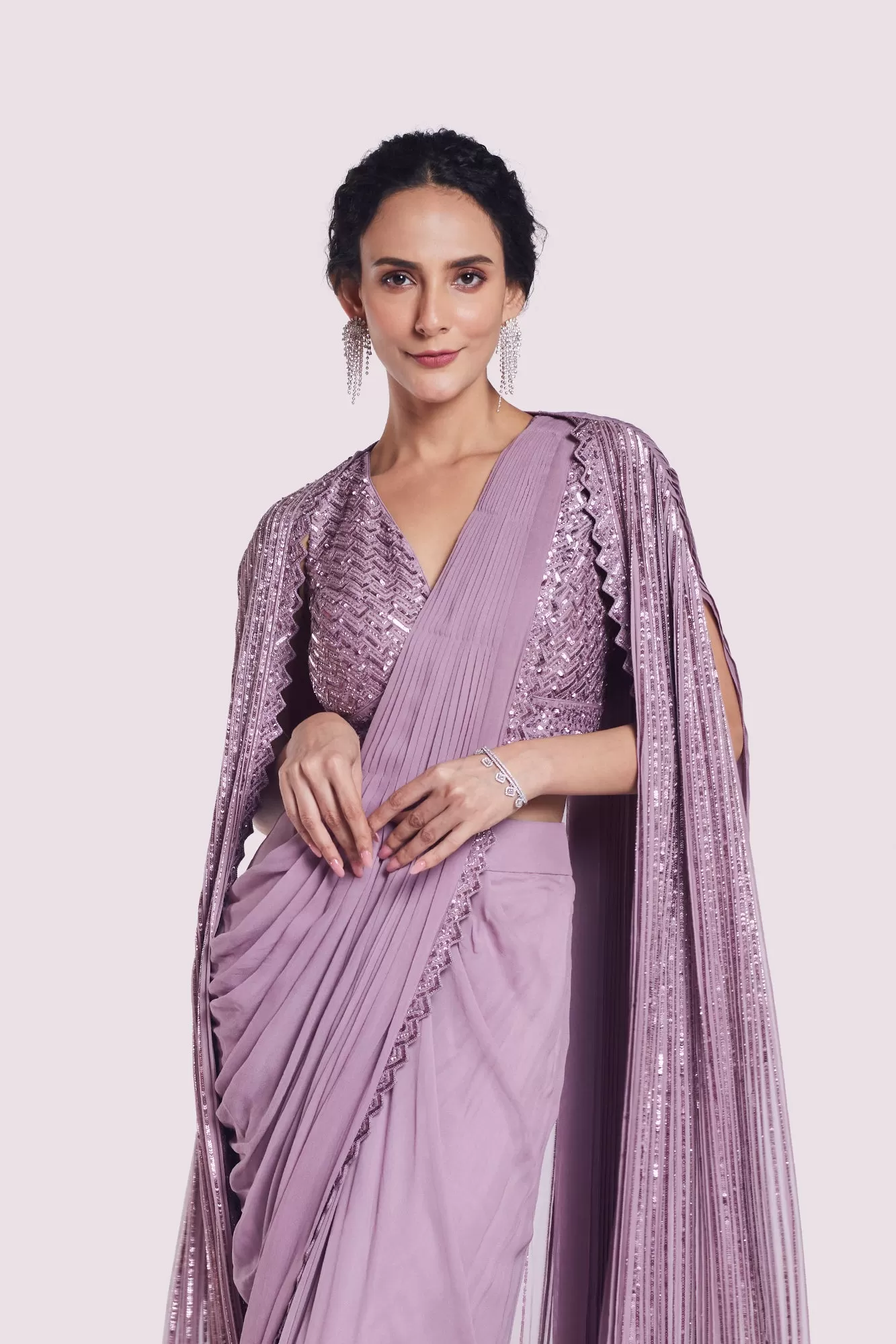 90Y051-RO Mauve Georgette Draped Saree with Longline Cape