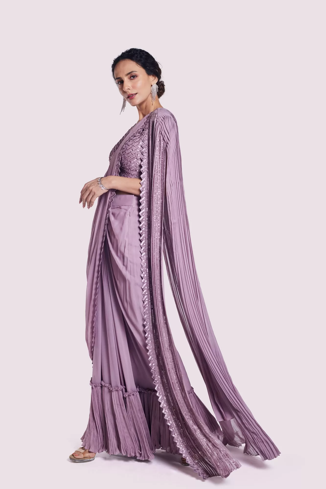 90Y051-RO Mauve Georgette Draped Saree with Longline Cape