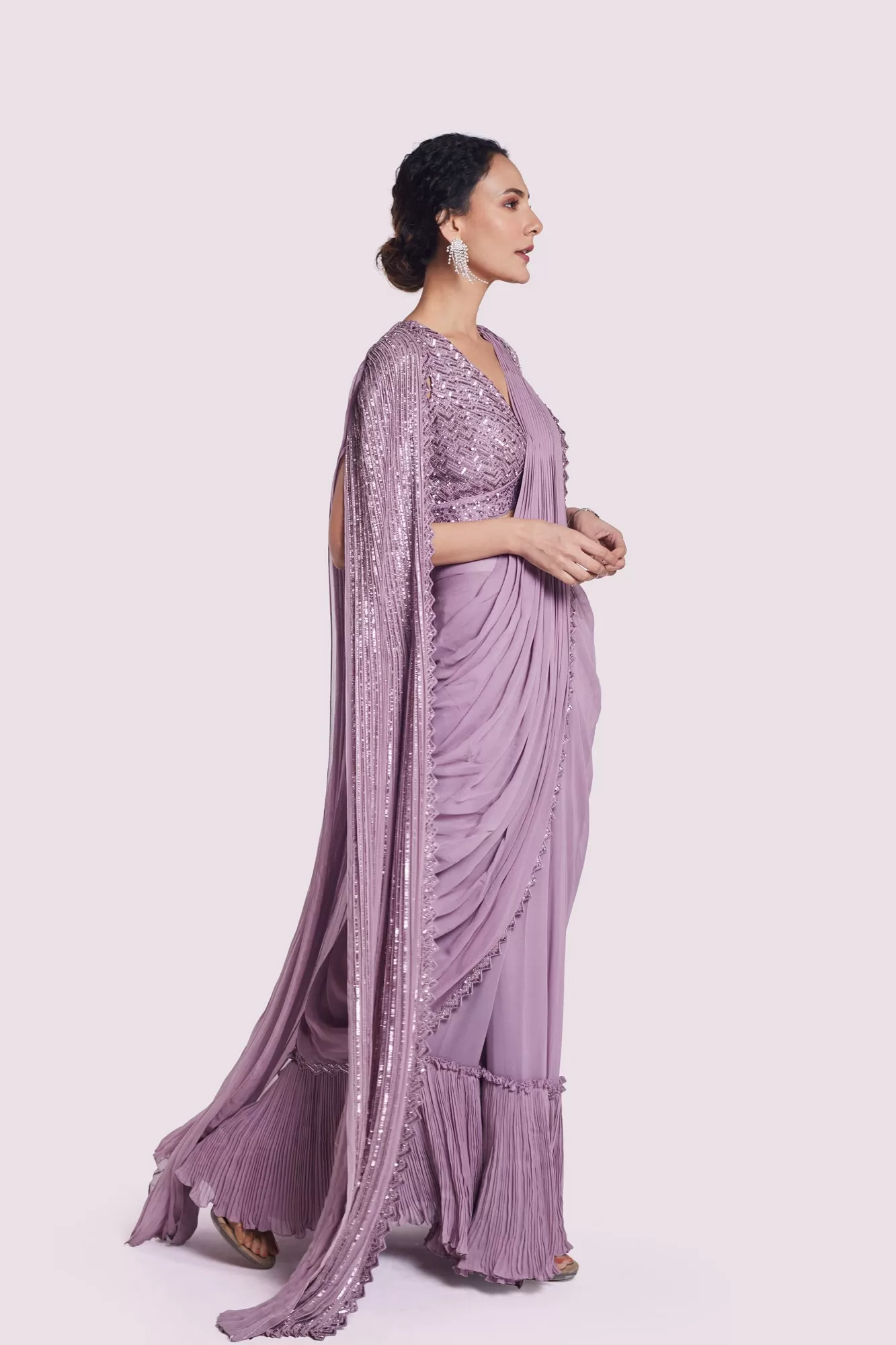 90Y051-RO Mauve Georgette Draped Saree with Longline Cape