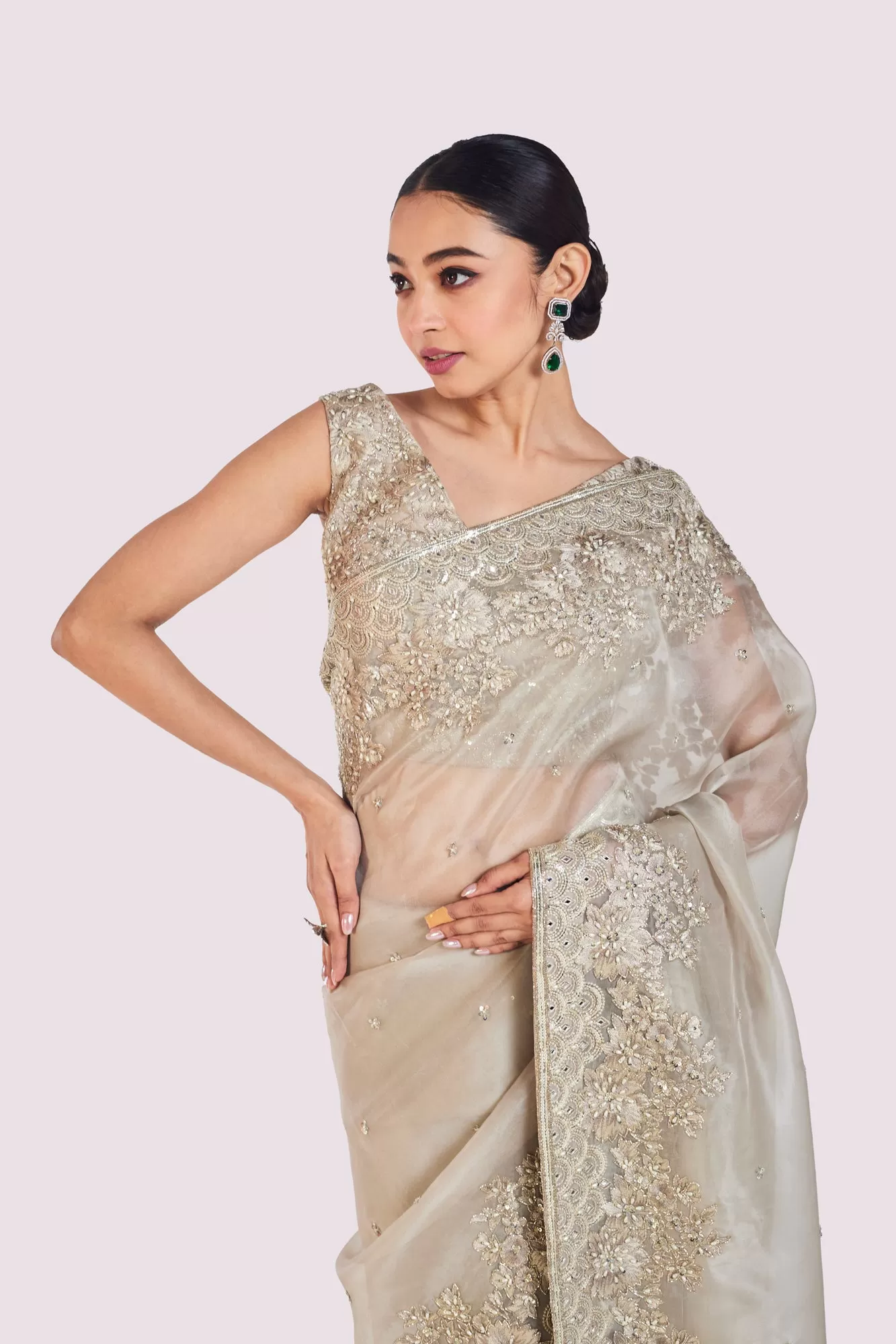 90Y052-RO Grey Embroidered Organza Saree With Silk Blouse