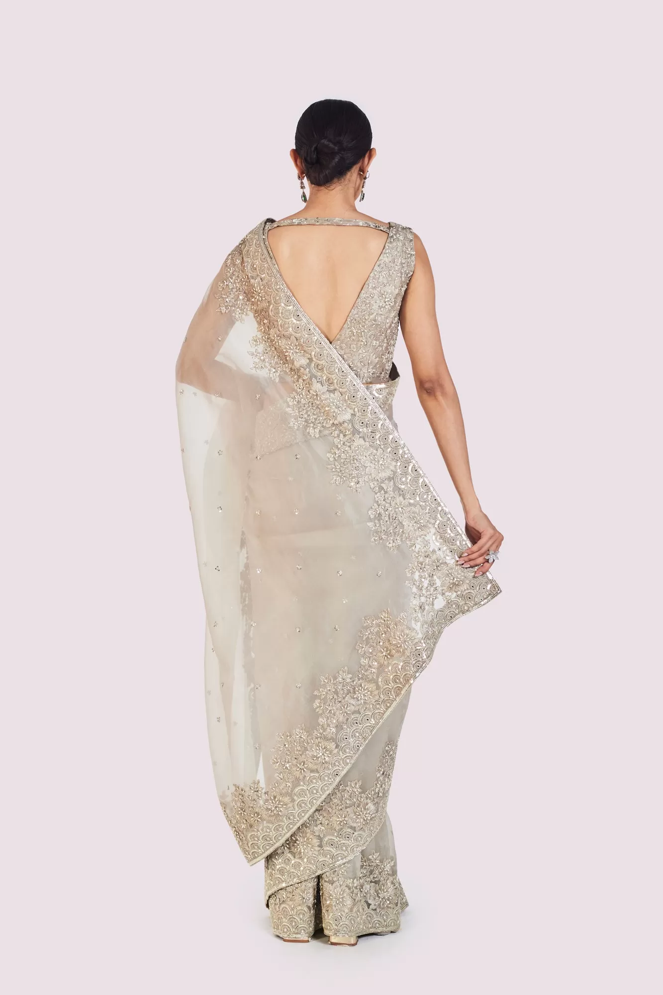 90Y052-RO Grey Embroidered Organza Saree With Silk Blouse