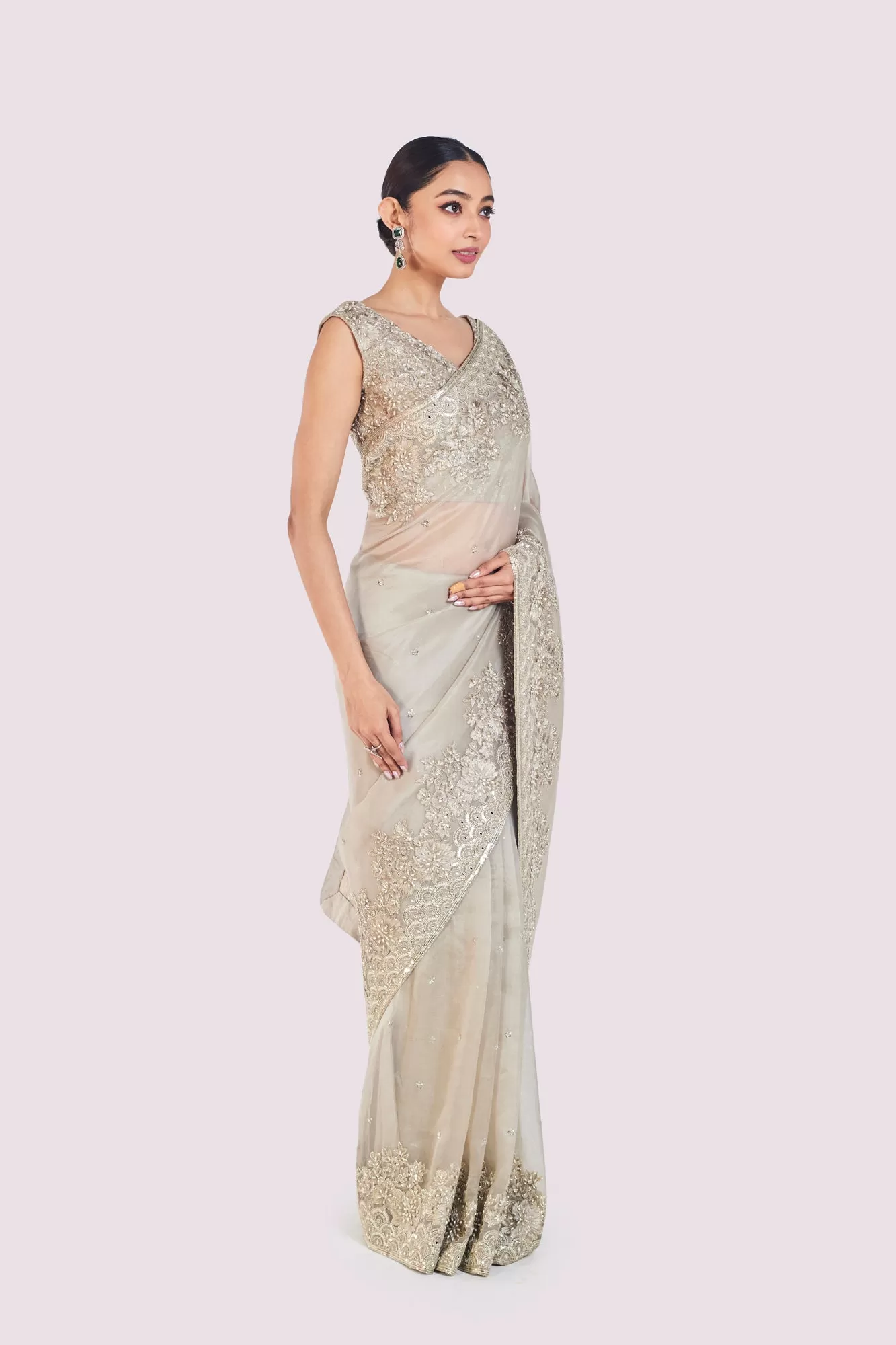 90Y052-RO Grey Embroidered Organza Saree With Silk Blouse