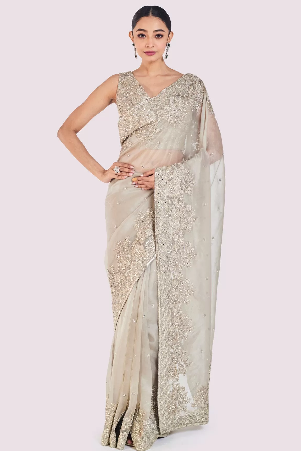 90Y052-RO Grey Embroidered Organza Saree With Silk Blouse