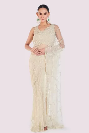 90Y053-RO Ivory Embroidered Net Saree With Blouse