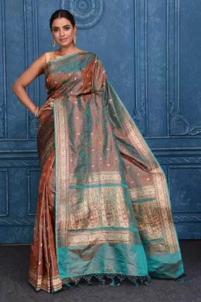 91A176 Blue and Brown Tanchoi Silk Banarasi Saree with Zari Border