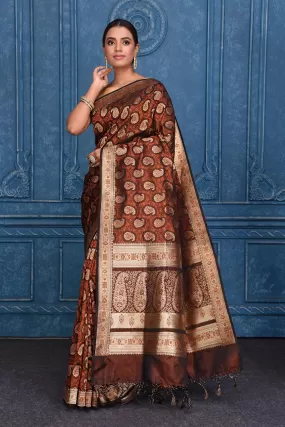 91A178 Brown Tanchoi Silk Banarasi Saree with Paisley Buta