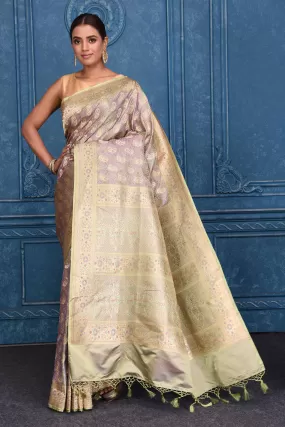 91A180 Golden and Purple Tanchoi Banarasi Silk Sari with Zari Border