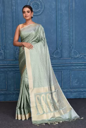 91A184 Pastel Green Tanchoi Silk Banarasi Saree with Zari Border