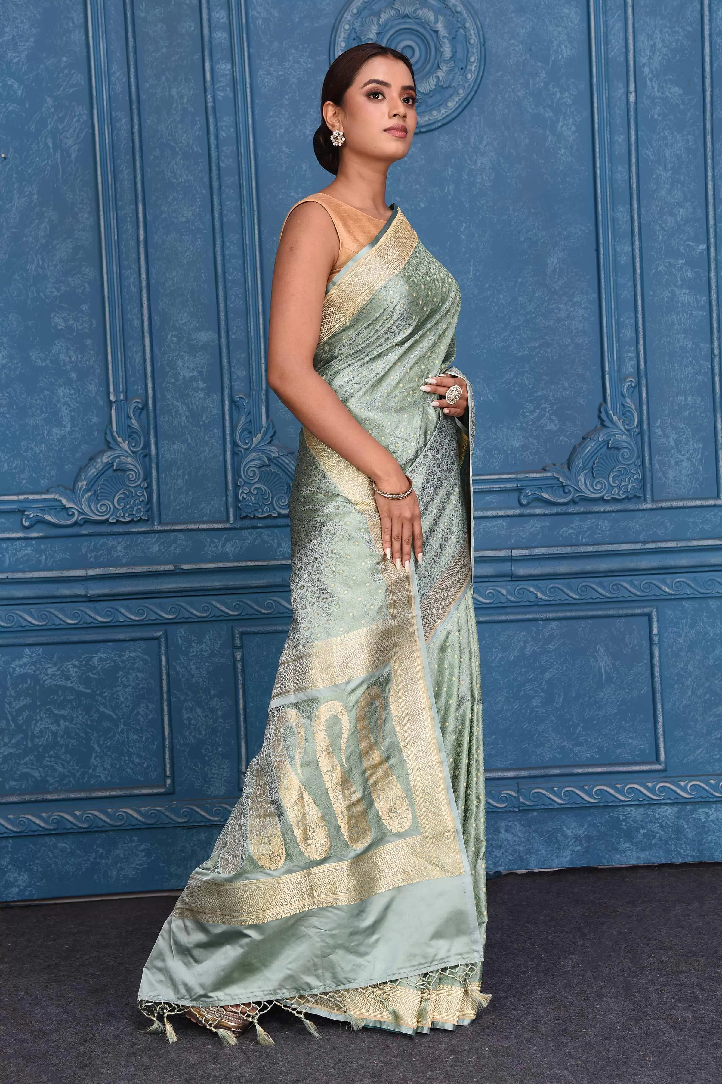 91A184 Pastel Green Tanchoi Silk Banarasi Saree with Zari Border