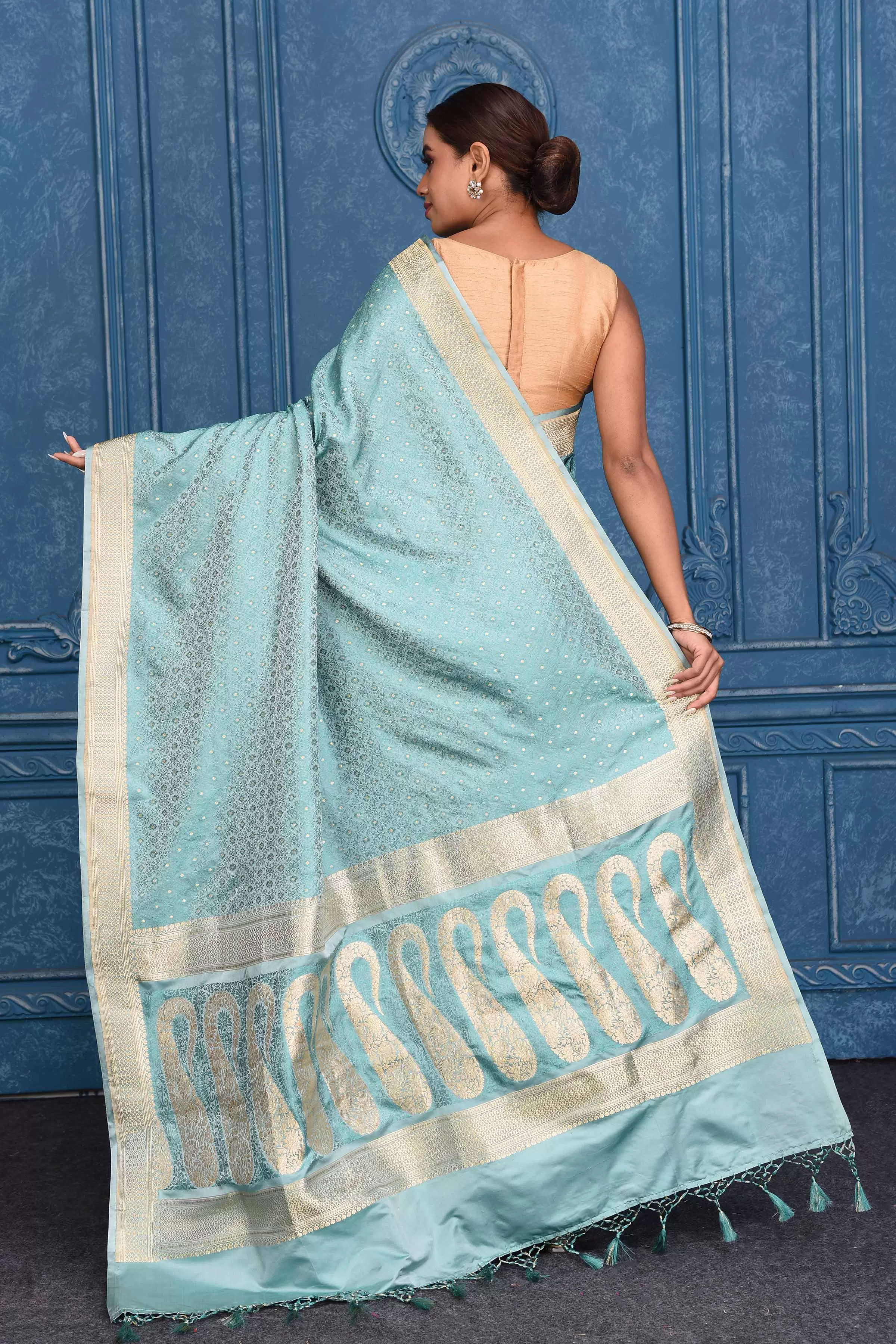 91A185 Sky Blue Tanchoi Silk Banarasi Saree with Zari Border