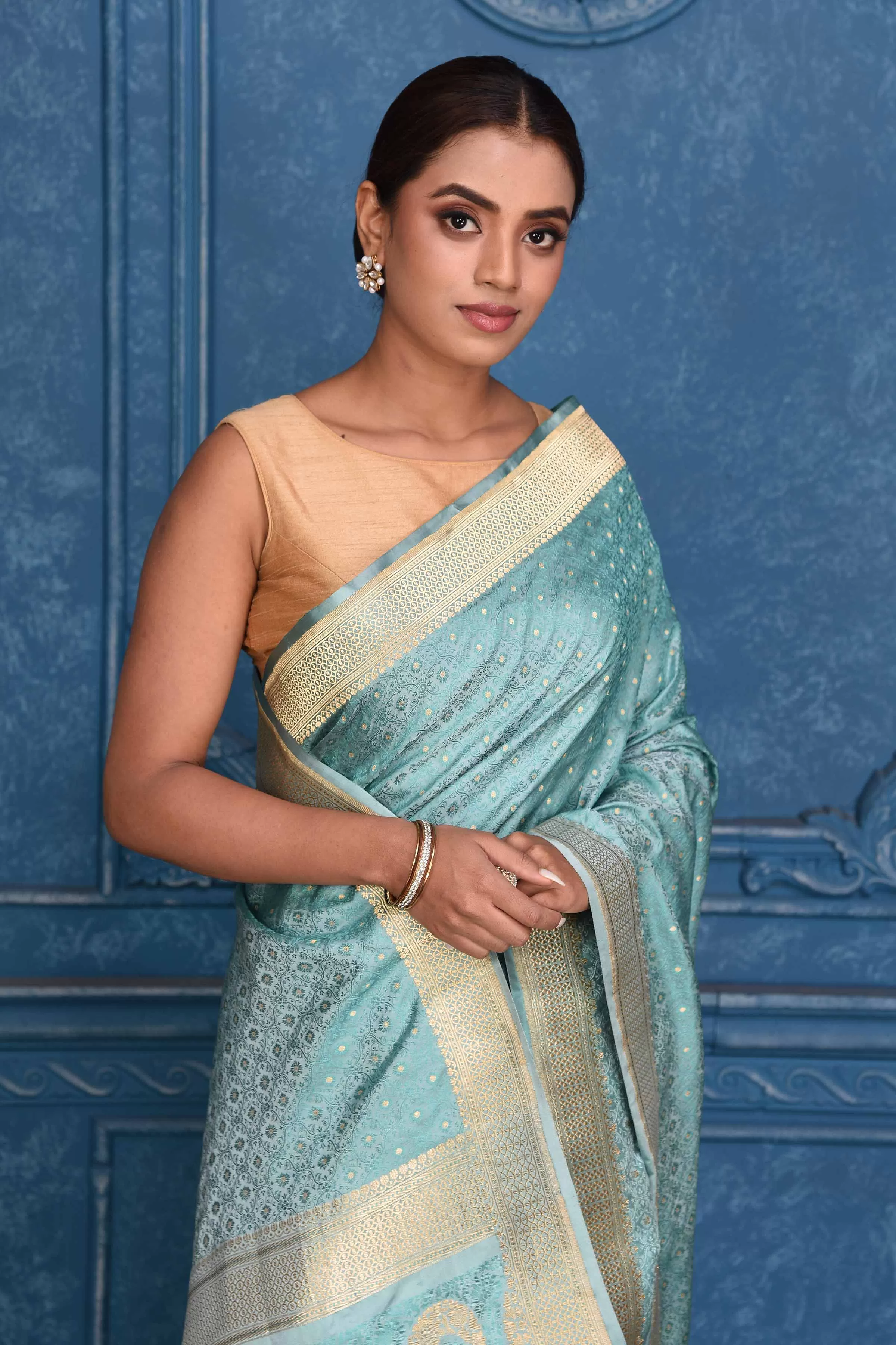 91A185 Sky Blue Tanchoi Silk Banarasi Saree with Zari Border