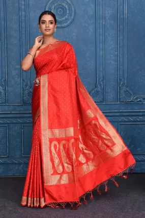 91A186 Red Tanchoi Silk Banarasi Saree with Zari Border