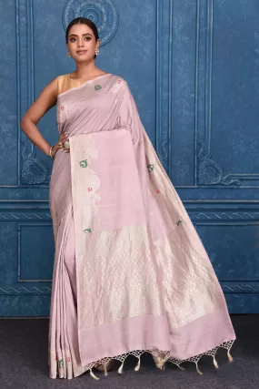 91A187 Lilac Tussar Banarasi Saree with Zari Border and Pallu