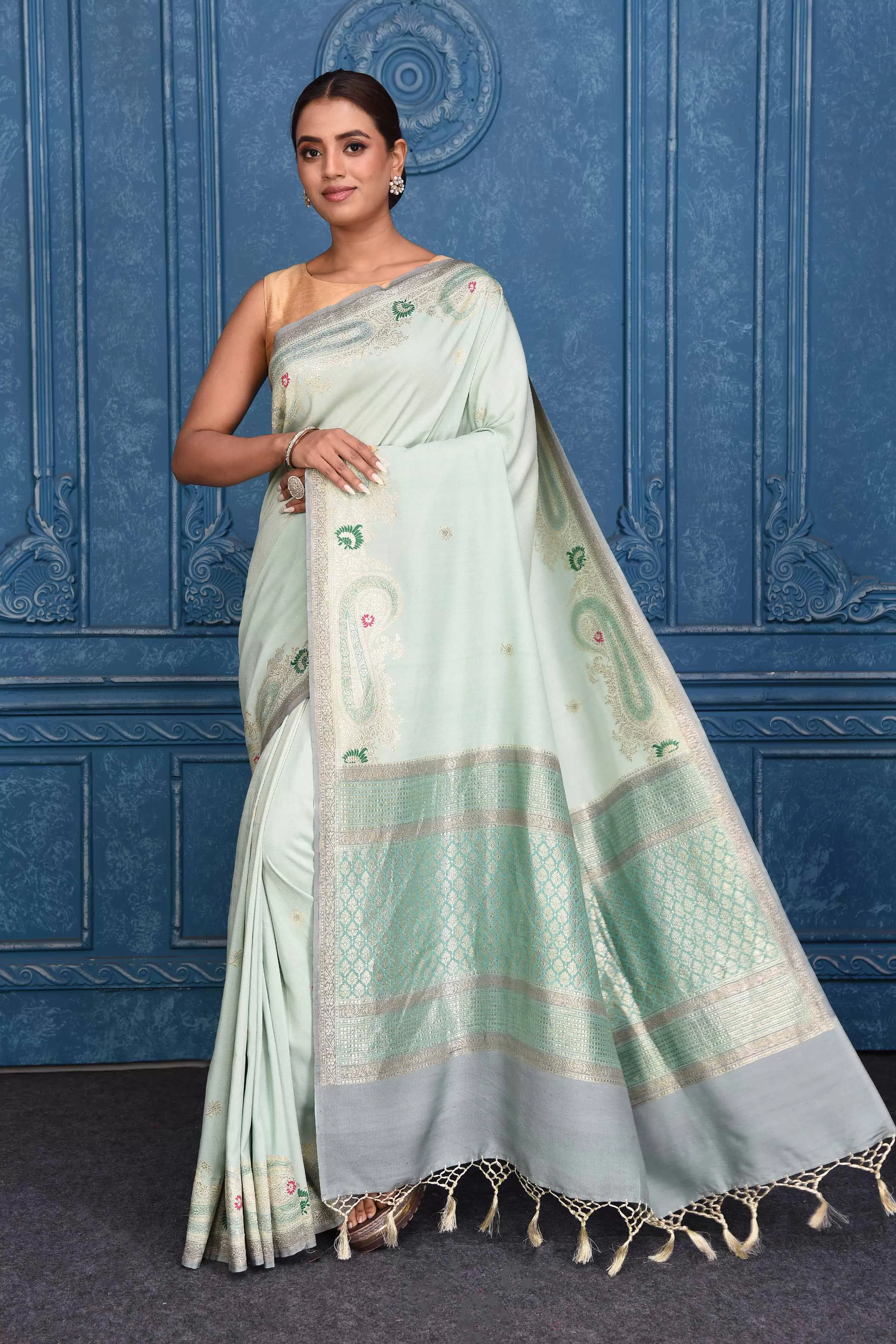 91A188 Pastel Green Tussar Banarasi Saree with Zari Border and Pallu