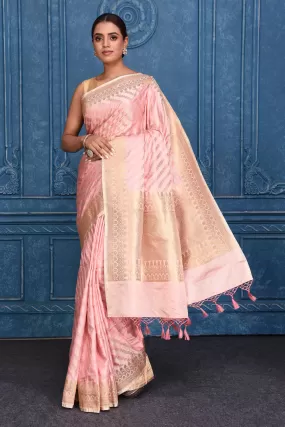 91A189 Light Pink Katan Silk Banarasi Saree with Zari Stripes