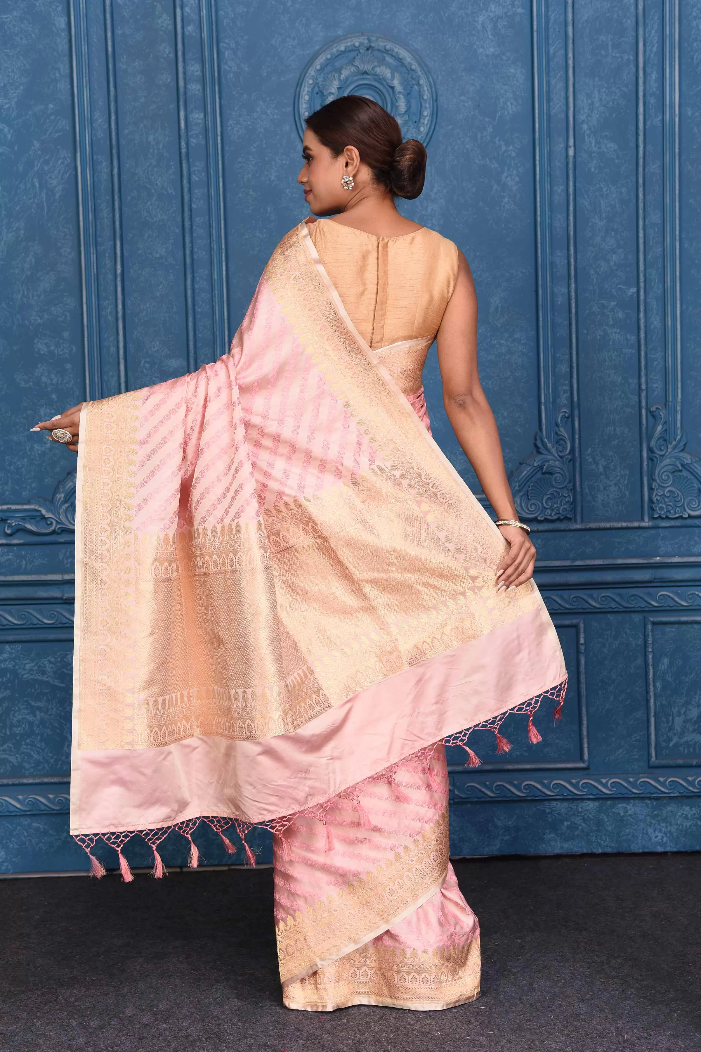 91A189 Light Pink Katan Silk Banarasi Saree with Zari Stripes