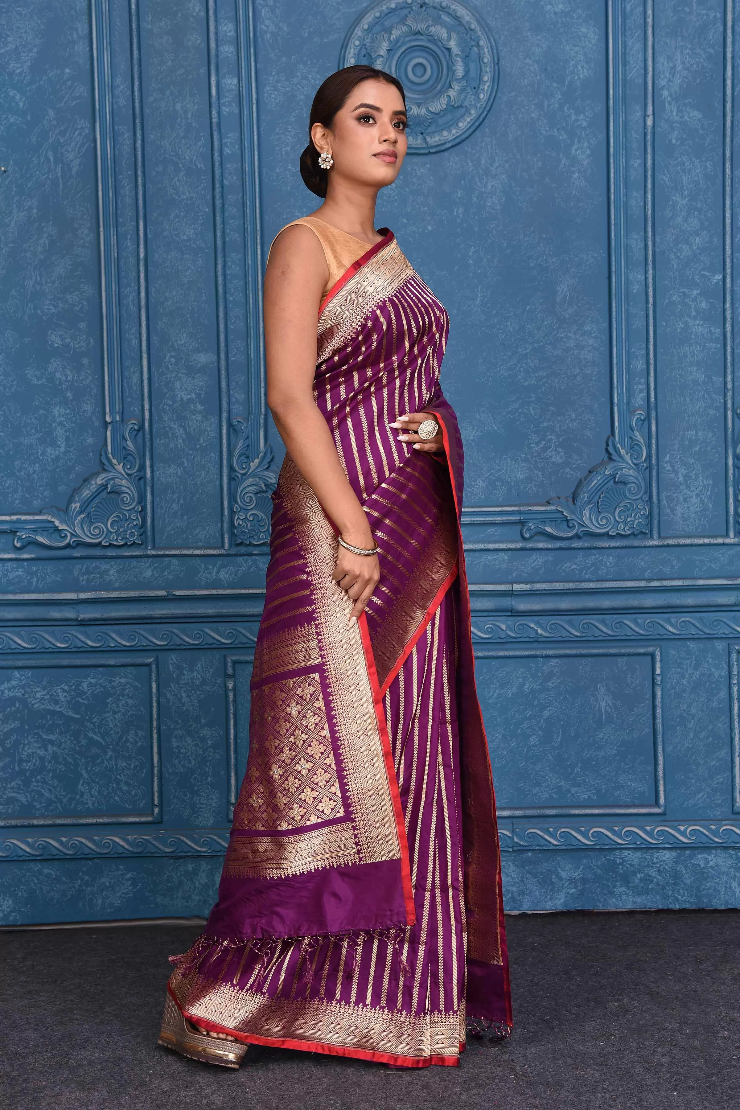 91A192 Purple Zari Stripes Katan Silk Banarasi Saree