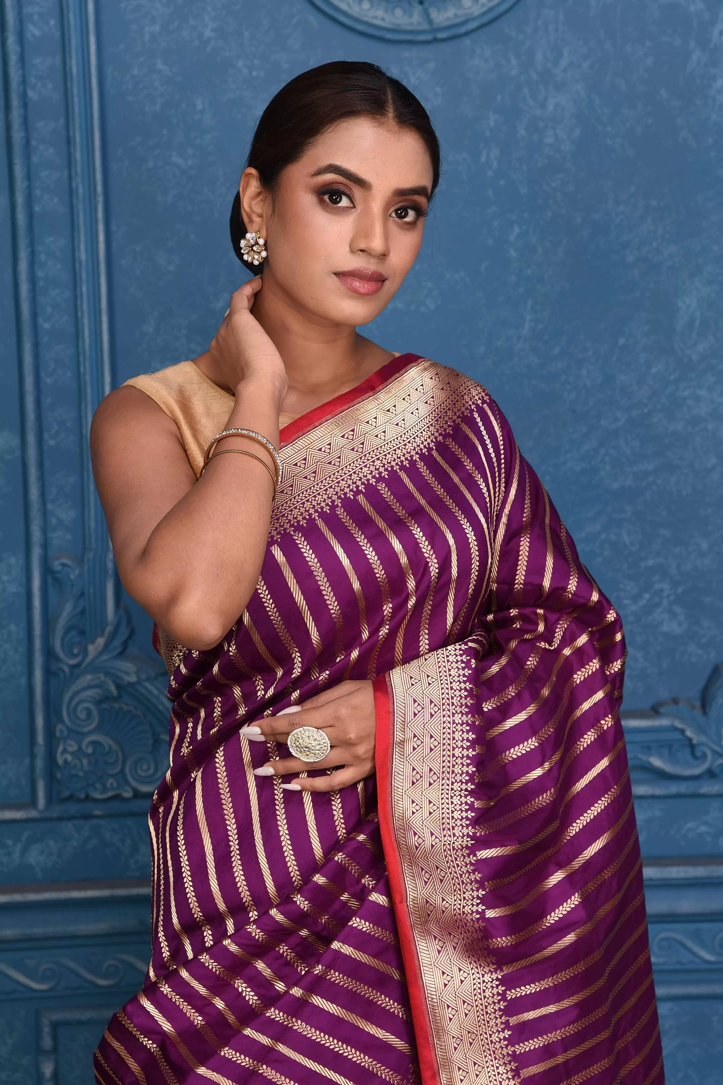 91A192 Purple Zari Stripes Katan Silk Banarasi Saree