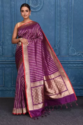 91A192 Purple Zari Stripes Katan Silk Banarasi Saree