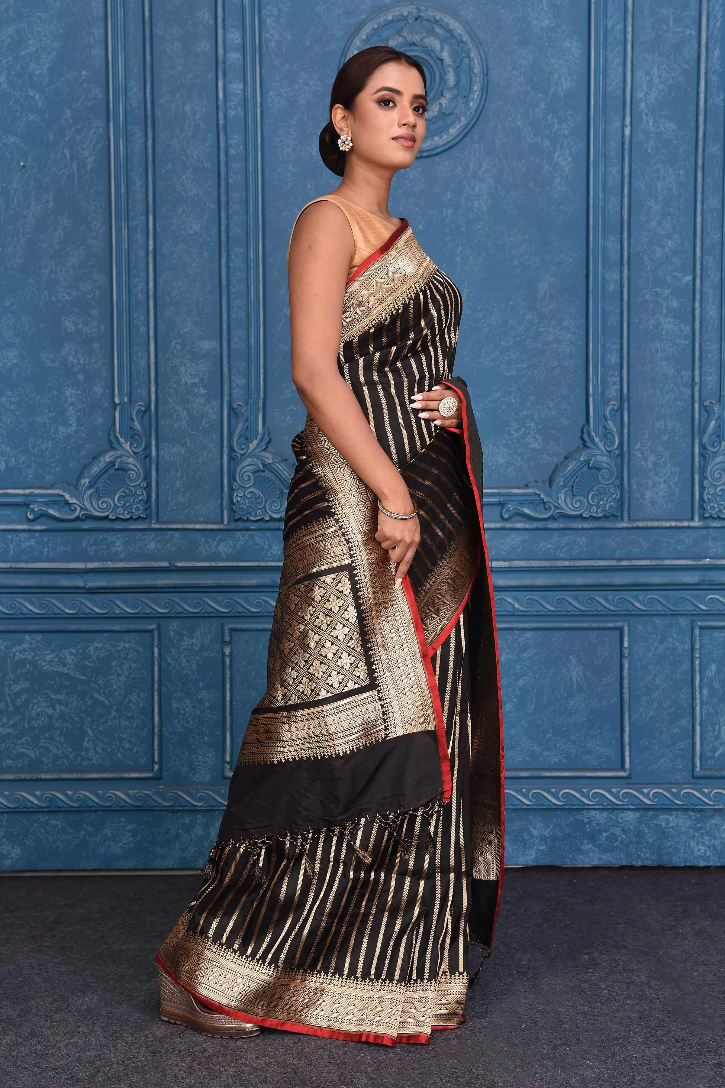 91A193 Black Zari Stripes Katan Silk Banarasi Saree