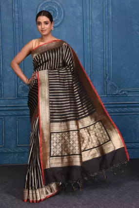 91A193 Black Zari Stripes Katan Silk Banarasi Saree