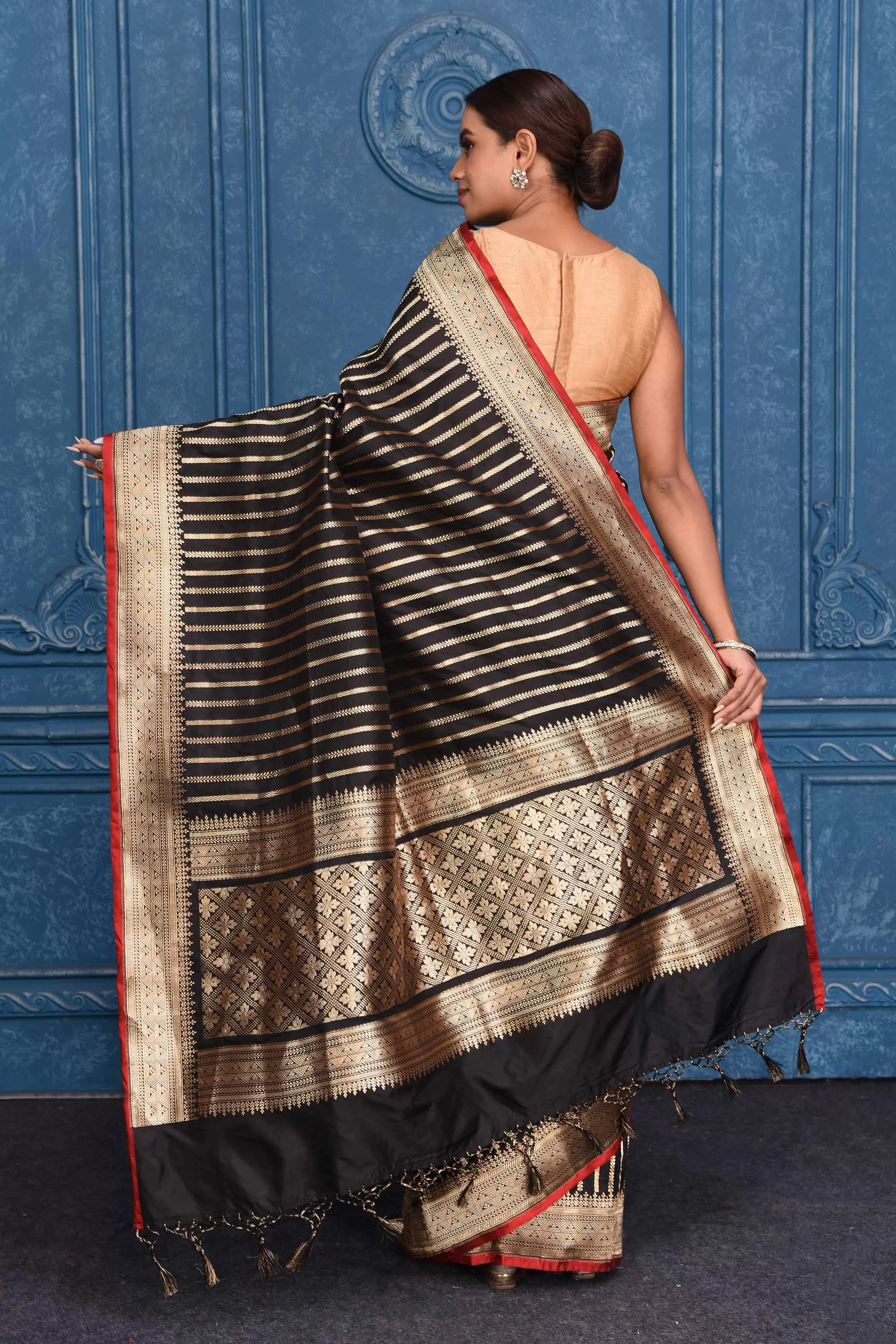 91A193 Black Zari Stripes Katan Silk Banarasi Saree