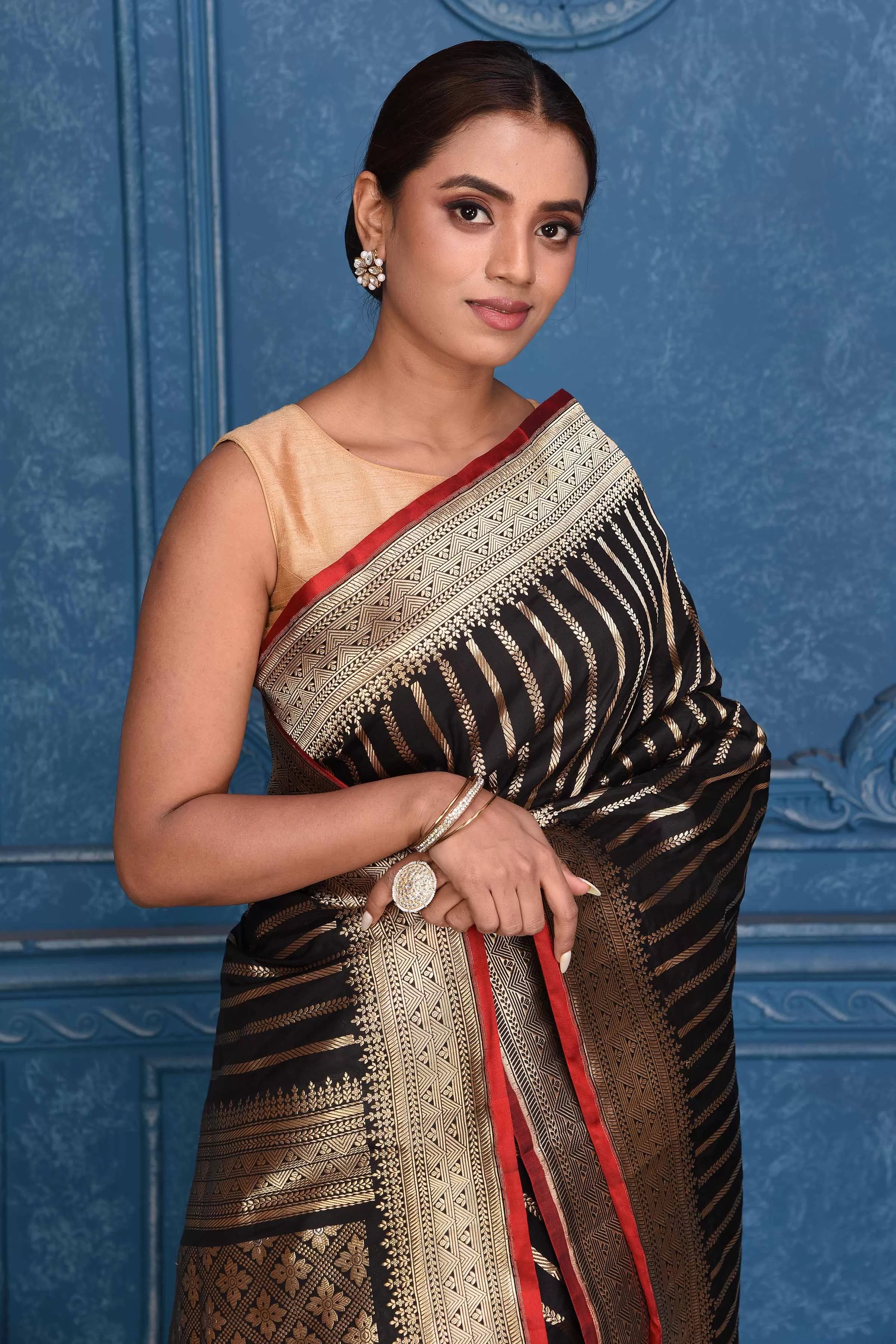 91A193 Black Zari Stripes Katan Silk Banarasi Saree