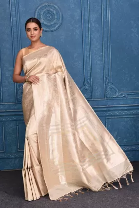 91A195 Beige Golden Zari Work Katan Silk Banarasi Saree