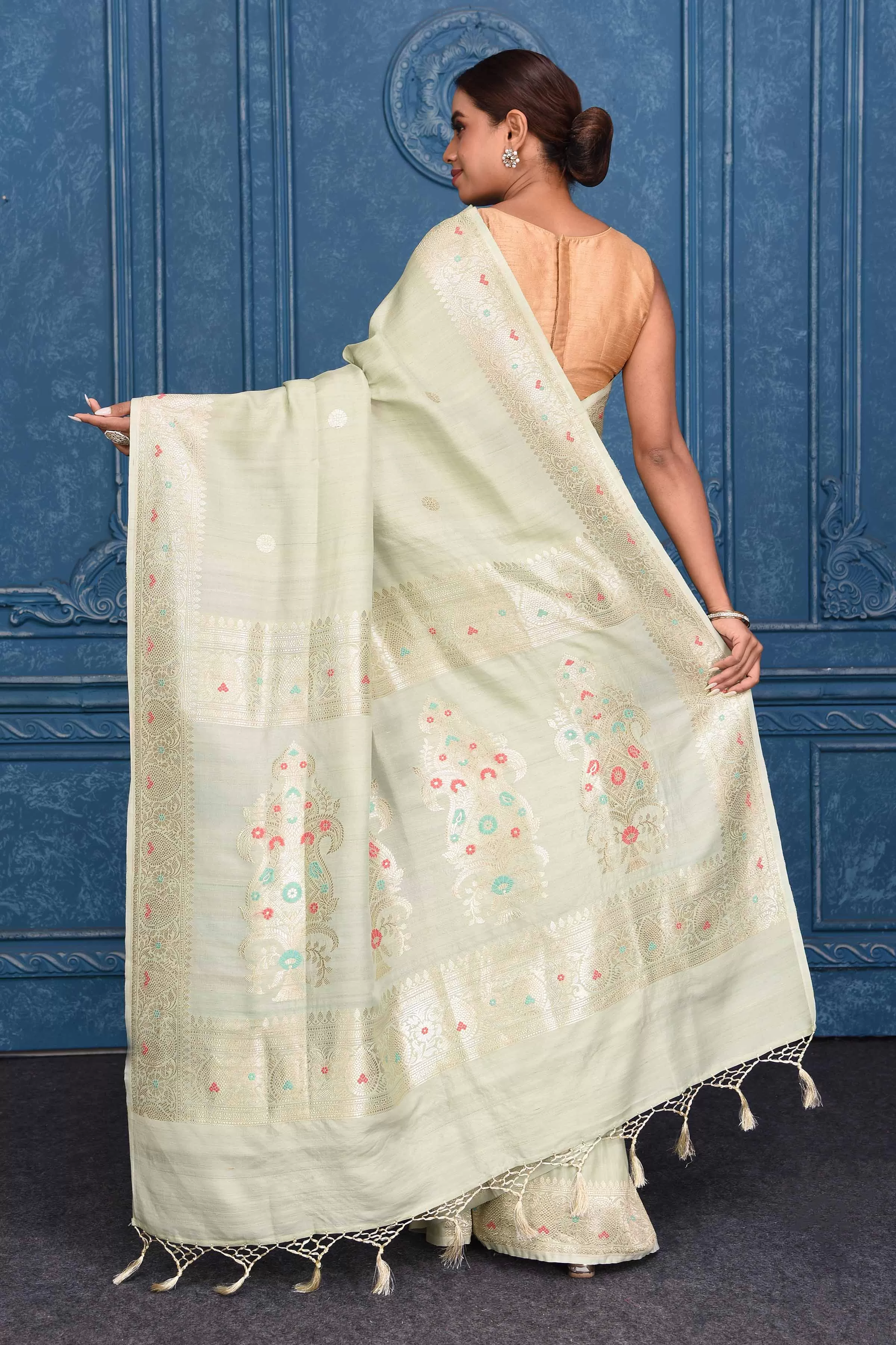 91A196 Pista Green Tussar Banarasi Saree with Zari Border