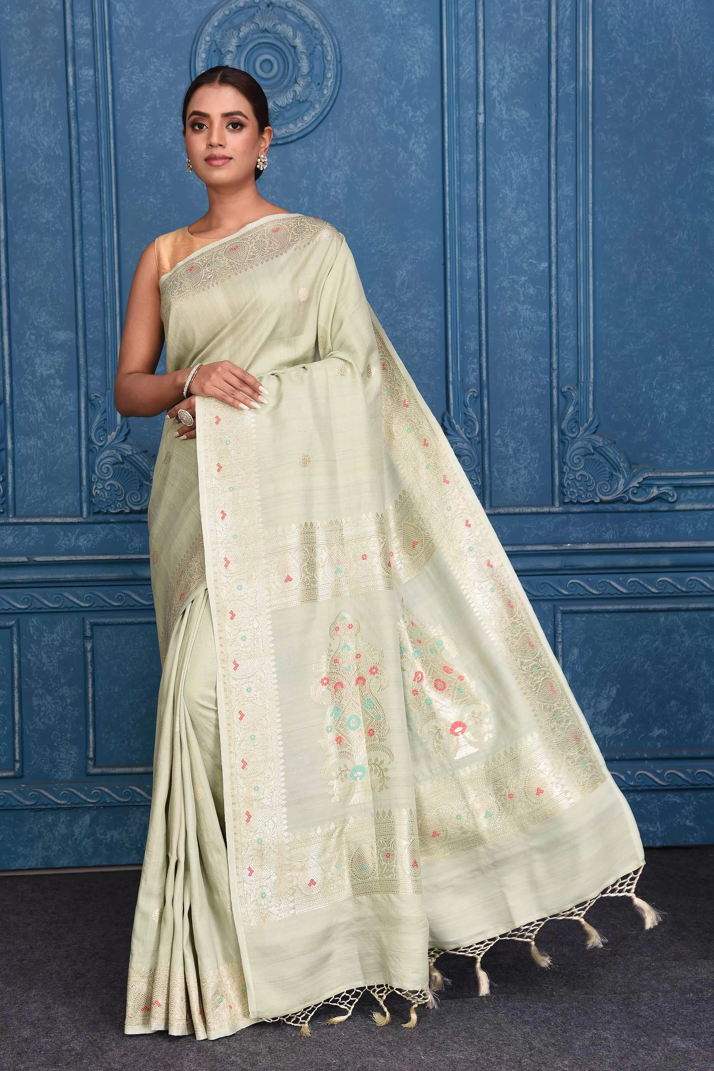 91A196 Pista Green Tussar Banarasi Saree with Zari Border